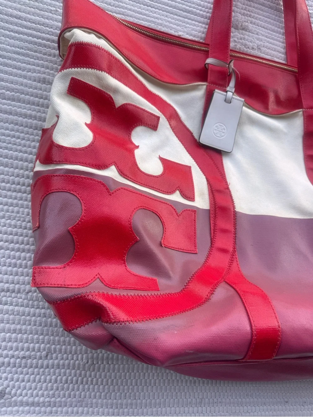 Tory Burch Ella Tote Red Canvas Beach Travel Bag Large Fair Condition